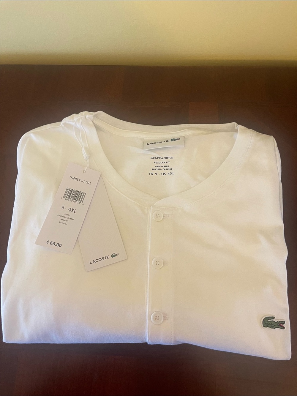 NWT Lacoste Size 4XL Men’s White Cotton Button Henley Shirt with Green Croc